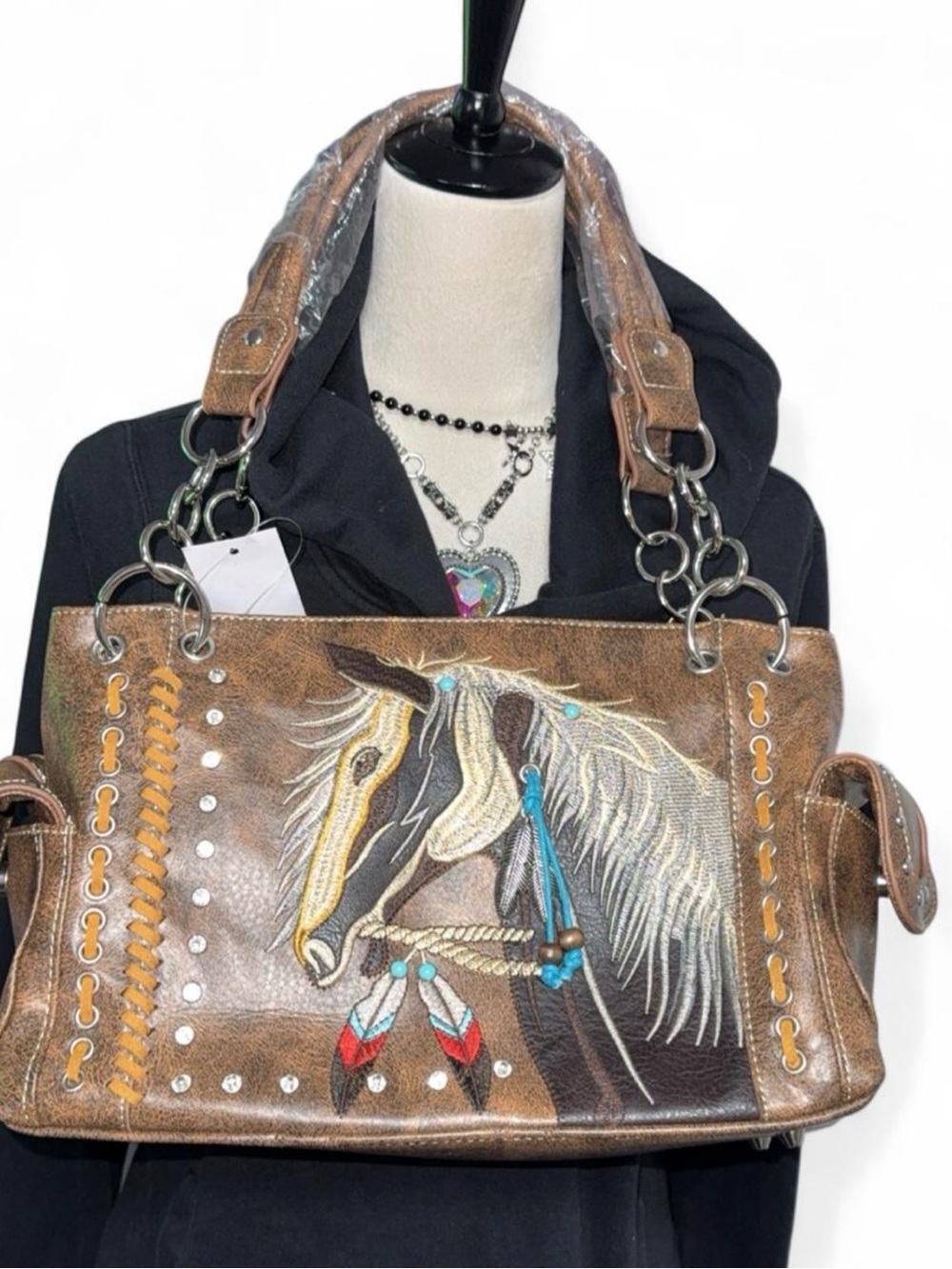 Western Brown Tooled Horse Shoulder Bag with Feather and Bead Accents